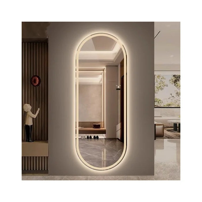 Espejo ovalado arenado iluminado con LED cálido - 60x150cm Madera Vidrio Ovalado