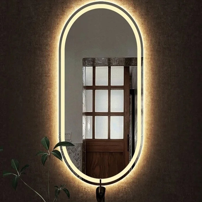 Espejo ovalado arenado iluminado con LED cálido - 60x150cm Madera Vidrio Ovalado